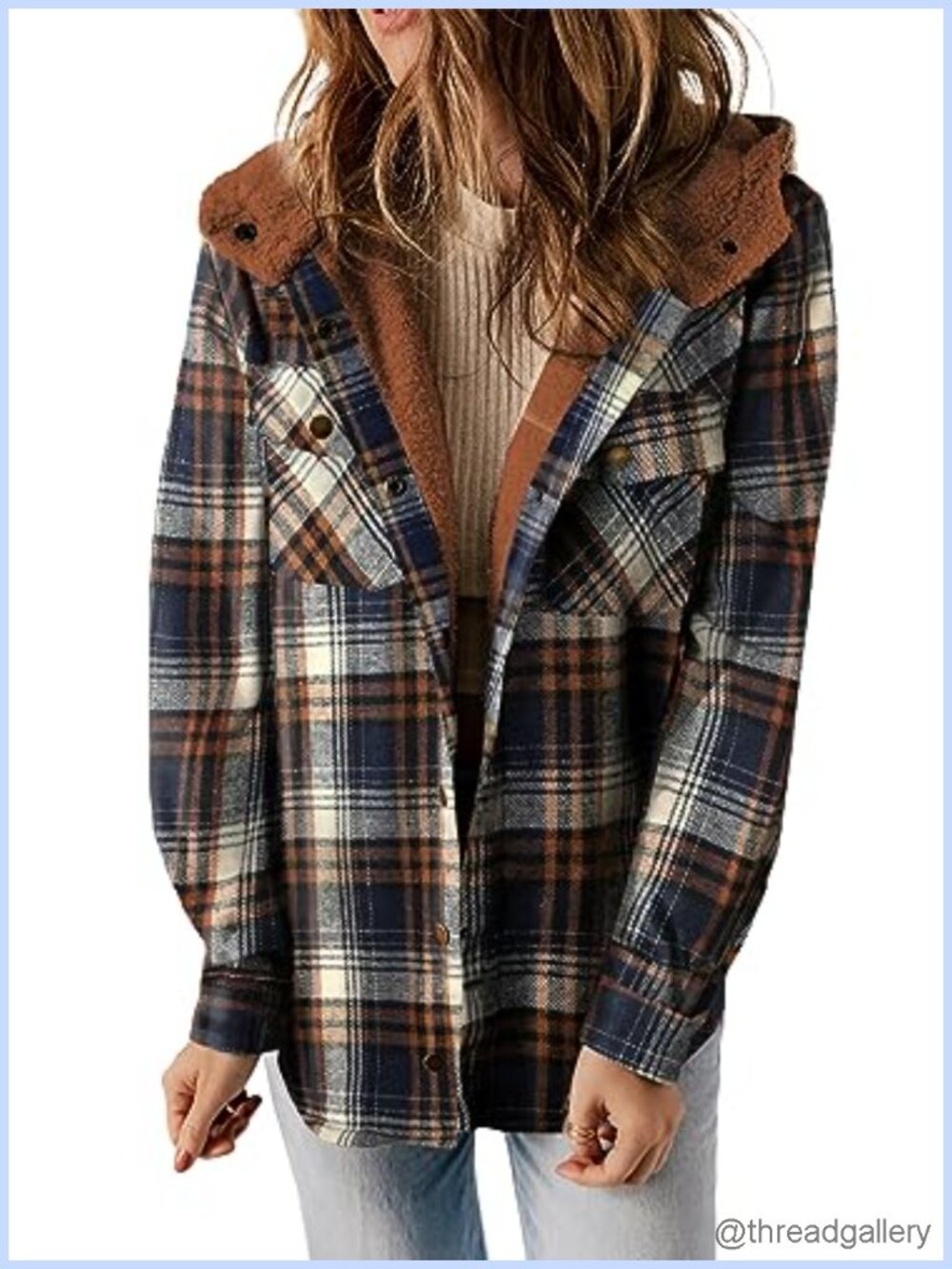 Plaid Fleece Lined Hooded Shacket Button Front Loose Fit